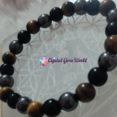 Crystal Tiger Eye, Hematite & Black Obsidian Bracelet – Protection, Strength & Grounding