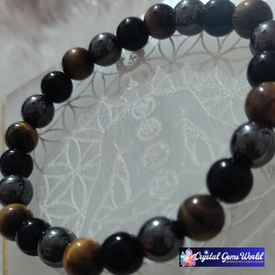 Crystal Tiger Eye, Hematite & Black Obsidian Bracelet – Protection, Strength & Grounding